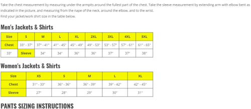 Shirt & Jacket Size Chart Revco